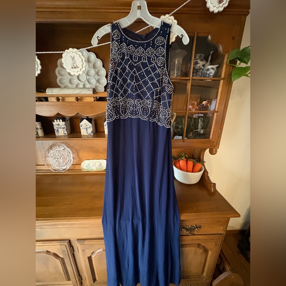 Cachet Navy Beaded Evening Maxi Dress